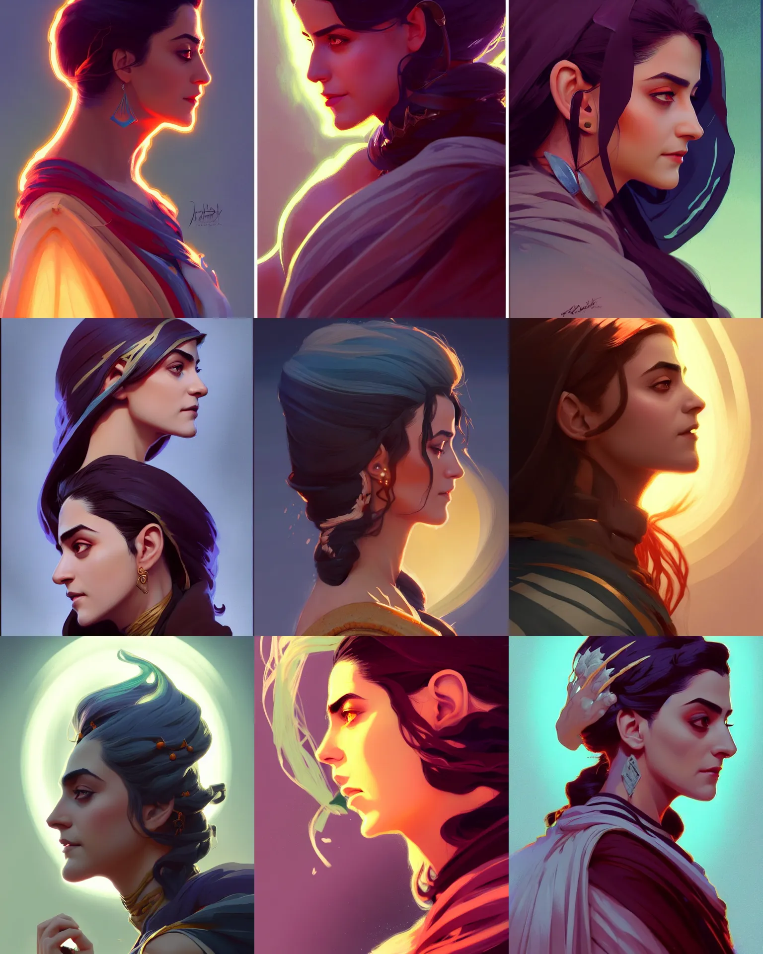 Prompt: side profile centered painted portrait, Maya Ali as a storm sorcerer, D&D, matte painting concept art, beautifully backlit, official fanart, 4k, HDR, Trending on artstation, Behance, by Mucha and ilya kuvshinov and Cushart Krentz and Gilleard James