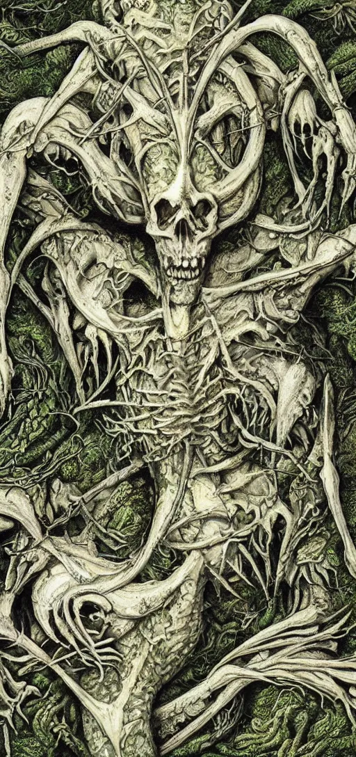 Image similar to white dragon skeleton covered in moss and flowers, intricate details, hyperrealistic, HR Giger