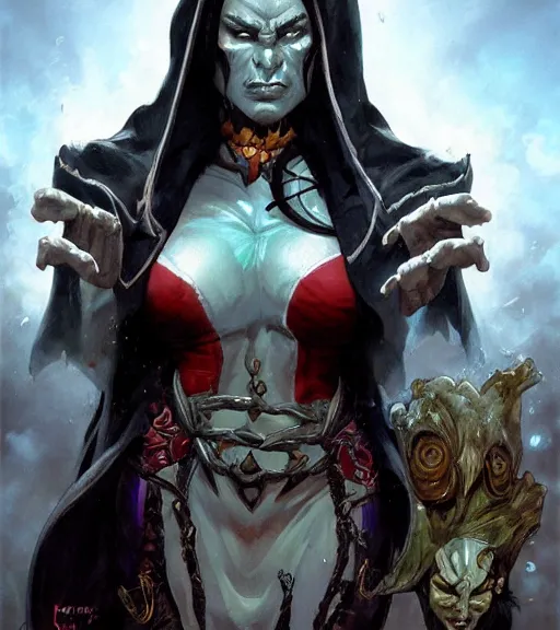 Image similar to a concept art painting of a evil female half - orc priest, art by karol bak and mark brooks and artgerm, centered, trending on artstation