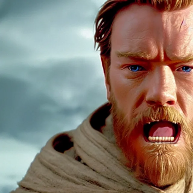 Image similar to still image of obi - wan kenobi sticking out his tongue and crossing his eyes, ewan mcgregor, live - action, star wars movie, cinematic