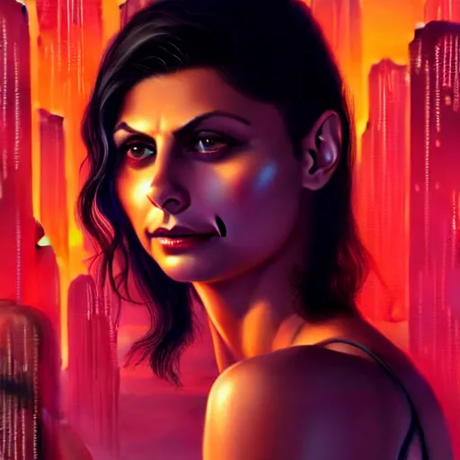 Image similar to beautiful Morena Baccarin, full pallet image, Blade runner artifacts, electronic case display, cyberpunk hologram tech, ultrarealistic, futuristic, three point lighting, dramatic lighting, electrical details, high details, 4k, 8k, best, accurate, trending on artstation, artstation, photorealism, ultrarealistic, digital painting, style of Peter Mohrbacher, Caravaggio, Dali, Boris Vallejo, Hajime Sorayama