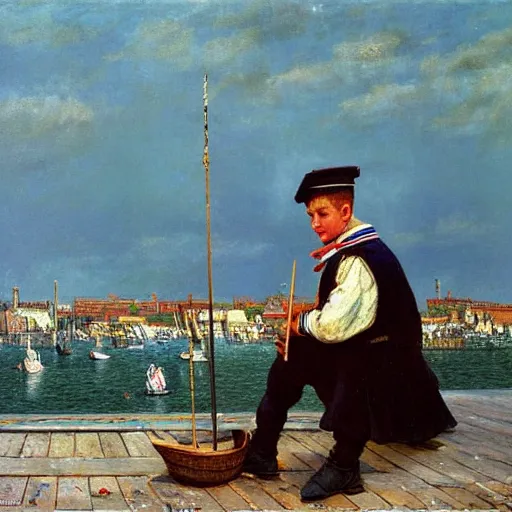 Image similar to painting of sailor boy hyperrealism vasily vereshchagin at harbor