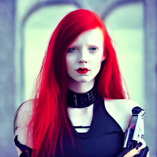 Image similar to futuristic woman, portrait, Cyberpunk, glowing skin, beautiful girl, red hair, ginger hair, dark fantasy, extremely detailed, sharp focus, model