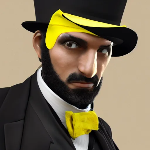 Image similar to a highly detailed portrait of a man in a high top hat covering his face, in a black tailcoat with a yellow waistcoat under the tailcoat, artstation, deviantart, professional, unreal engine 5, photorealistic