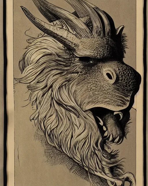 Image similar to a creature with the body and eyes of a man, with the beak of an eagle, the mane of a lion, and the horn of a bull. drawn by moebius