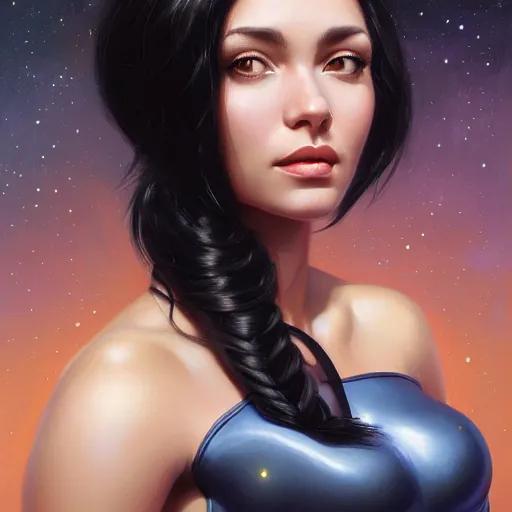 Image similar to a portrait of a very beautiful woman in a spacesuit, Alexandria\'s genesis, shoulder-length black hair, bored, illustration, soft lighting, soft details, painting oil on canvas by mark arian by artgerm, trending on artstation, 4k, 8k, HD