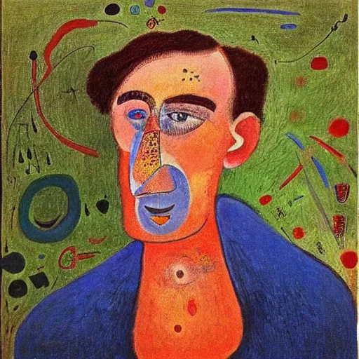 Prompt: A beautiful print of a man that has been pushed too far. A portrait of a man with a thousand-mile stare, whose soul has been replaced by a void. Tumblr, impressionism by Joan Miro, by Margaret Olley mild