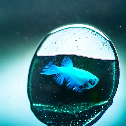 Image similar to “photograph of a beta fish swimming inside a raindrop, sharp focus, highly detailed, hd, 8k”