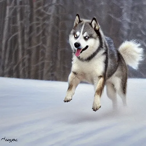 Prompt: huskey dog running in white snow, oil painting, detailed, natural light, extra crisp, realistic