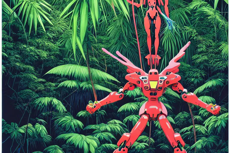 Prompt: one gigantic massive evangelion with wings camo bot resting on a tree of tropical rainforest, ray lighs showing from deep forest darkness, a lot of exotic vegetation, trees, flowers, dull colors. by moebius, ikuto yamashita, craig mullin, greg rutkowski, ghibli, and rodney matthew, hyperrealism, intricate detailed, risograph