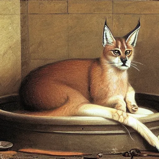 Image similar to cute caracal in bathtub, by Valentin de Boulogne