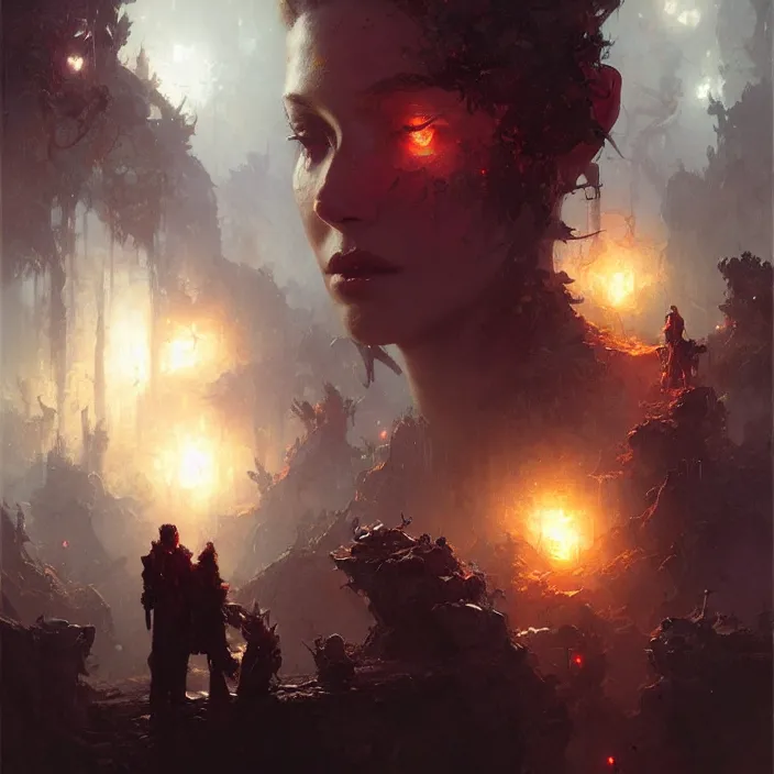 Image similar to 4k, 3 faces in the dark, art by greg rutkowski, art by craig mullins, art by thomas kincade, art by Yoshitaka Amano