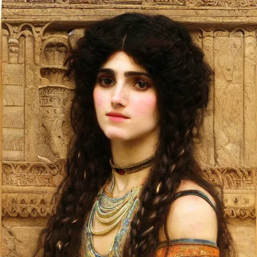 Prompt: orientalist portrait of a mesopotamian woman with thick black bangs and curls standing outside sandstone ruins intricate artwork by john william waterhouse and Edwin Longsden Long and Theodore Ralli and Henryk Siemiradzki. trending on artstation, very coherent symmetrical artwork high detail 8k