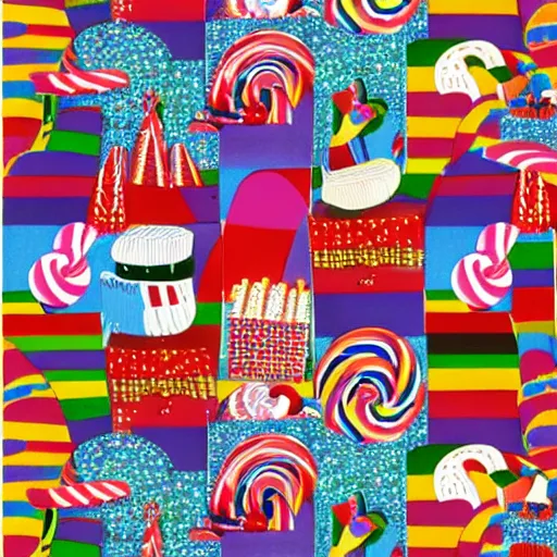 Image similar to candy land collage in the style of Klaus Voormann, 1960s illustration, high quality, peppermint motif