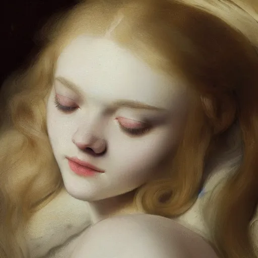 Prompt: Painting of Elle Fanning sleeping, long blonde hair, delicate, pale milky white porcelain skin, by Rembrandt. 8K. Extremely detailed.