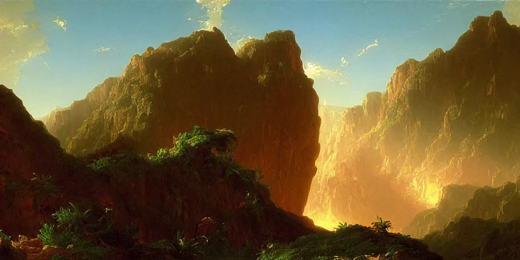 Image similar to very detailed and perfectly readable fine and soft relevant out of lines soft edges painting by thomas cole in hd, red mountains, nice lighting, perfect readability