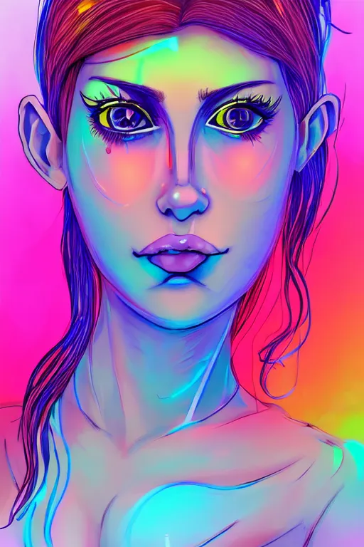 Image similar to a award winning portrait of a beautiful woman with stunning eyes in a one off shoulder croptop and cargo pants with rainbow colored hair, outlined by whirling illuminated neon lines and fine lines swirling in circles by lois van baarle, digital art, trending on artstation