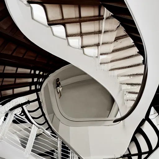 Prompt: a elegant spiral staircase rises up to a landing, a beautiful girl with long dark hair, dressed in white , stands at the top