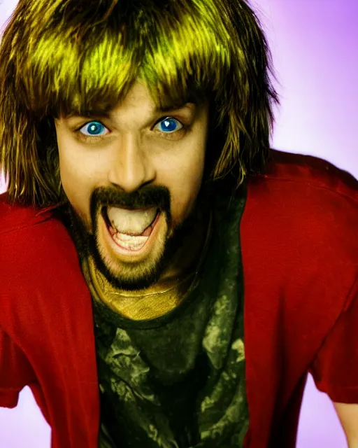 Image similar to dramatically - lit closeup portrait photograph of shaggy from the scooby - doo live - action film ( 2 0 0 2 ), sharp details, vignette, high saturation, smooth textured skin, subsurface scattering, photograph by mark mann and martin schoeller, 4 k, soft focus