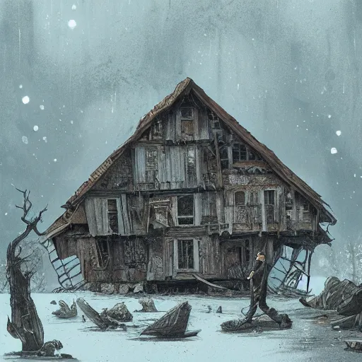 Image similar to two husbands leave each other inside broken wooden house, detailed intricate ink illustration, dark atmosphere, detailed illustration, hd, 4k, digital art, overdetailed art, concept art, by greg rutkowski, by loish, complementing colors, Trending on artstation, deviantart