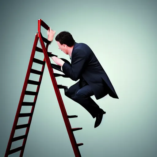 Image similar to a tall ladder falling on a businessman, realistic, 4k