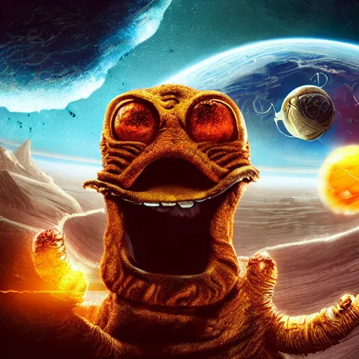 Image similar to eldritch horror bloody garfield in space, hd, 8 k, giant, epic, realistic photo, unreal engine, stars, prophecy, powerful, cinematic lighting, destroyed planet, debris, violent, sinister, ray tracing, dynamic, epic composition, dark, horrific, teeth, grotesque, monochrome drawing, hellscape