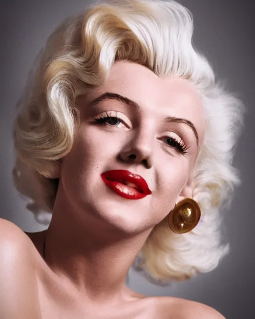Image similar to Beautiful Head and shoulders portrait of smiling flirty Marilyn monroe with platinum blonde hair, wearing a camisole by alberto Vargas, arney freytag, artstation, 35mm, fashion photoshoot, laying on a bed in a photo studio, golden hour, bokeh, rim lighting, fashion pose, octane, 4k