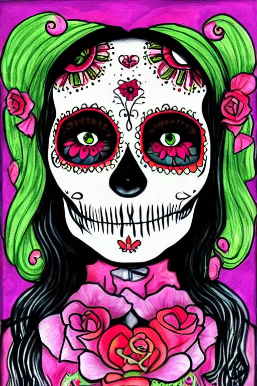 Image similar to illustration of a sugar skull day of the dead girl, art by paul tinman