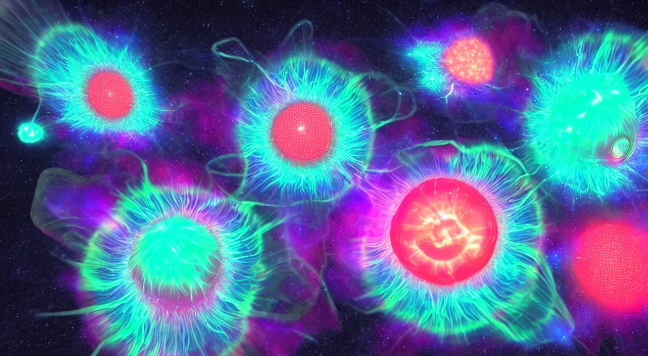 Prompt: a hyperrealistic 3d render of two spectators watching a supernova out of their tiny futuristic spaceship, close-up, dozens of galaxies, gossamer polyp blossoms bring iridescent fungal biomass, shockwave, portal opening, lightspeed, twisted energy flow, translucent glowing jellyfish, 16mm grain, extremely detailed, 8k