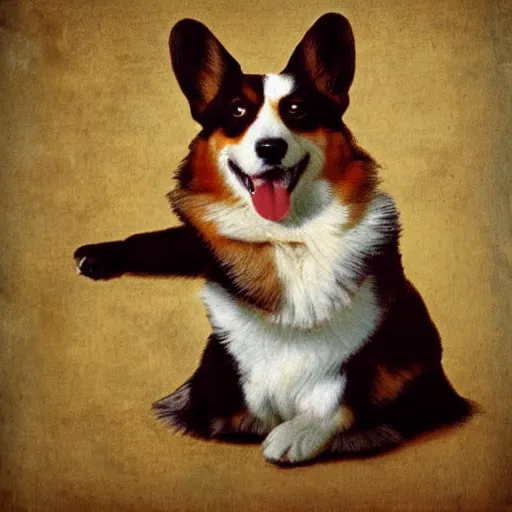 Image similar to happy corgi dog, renaissance art style