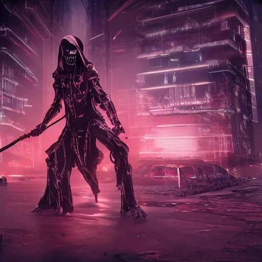 Prompt: photo of a grimm reaper with a large scythe in his hand walking in a futuristic city in a dystopian future made of electronic components and looks like a giant pcb board. Very detailed 8k. Unreal engine 5 render with nanite, global illumination and path tracing. Emphasize on the colors black and red.