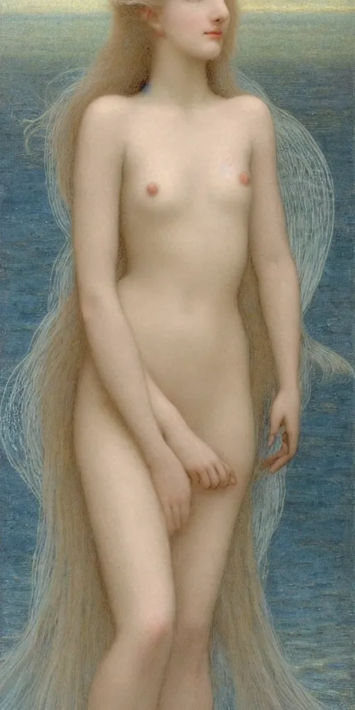 Image similar to Say who is this with silver hair so pale and Wan! and thin? beautiful lone single feminine!! angel, Venus Aphrodite, in the style of Jean Delville, Lucien Lévy-Dhurmer, Fernand Keller, Fernand Khnopff, oil on canvas, 1896, 4K resolution, aesthetic, mystery