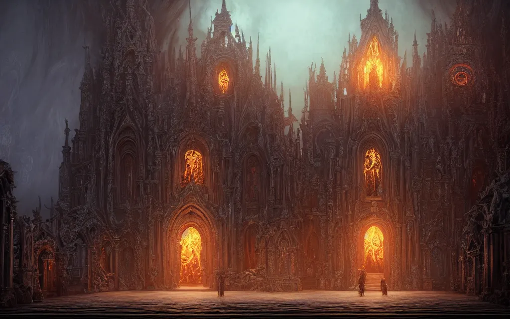 Image similar to center view of an extremely detailed render of hooded necromancer in front of a lovecraft church portal, intricate architecture, baroque detailed, unreal engine realistic render, 8 k, micro detail, design by android jones and greg rutkowski, gaston bussiere, craig mullins, synthwave color scheme, cinematic lighting, trending on artstation, vivid colors