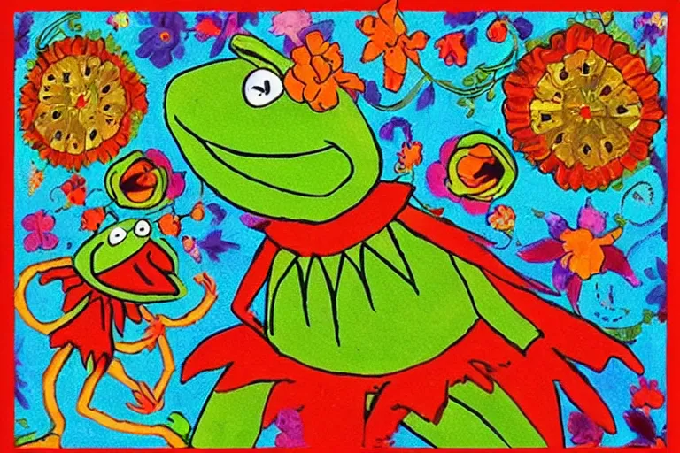 Prompt: “ kermit the frog in the style of mexican folk art ”