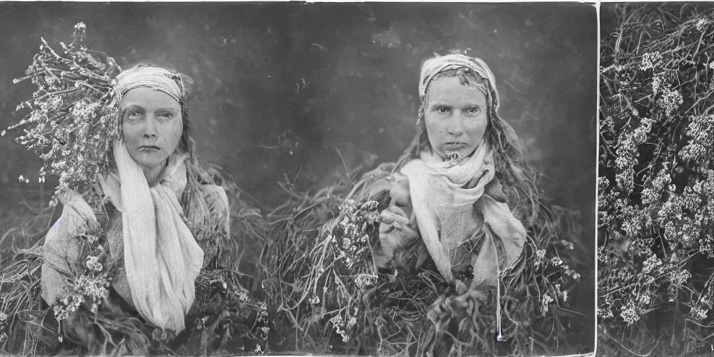 Prompt: portrait photography of tyrolean female farmer, leaves and edelweiss growing from head, hay cloths, desaturated, fog, 1. 2 f, 3 5 mm, dark, eerie, 1 9 2 0 s ghost photography