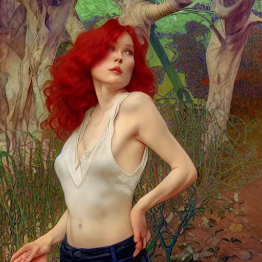 Image similar to James Coburn with red hair and long pixie haircut in shorts and white shirt drawn by Donato Giancola and Jon Foster, frank frazetta, alphonse mucha, background by James Jean and gustav klimt, 4k, volumetric lighting, french nouveau, trending on artstation, octane render, hyperrealistic