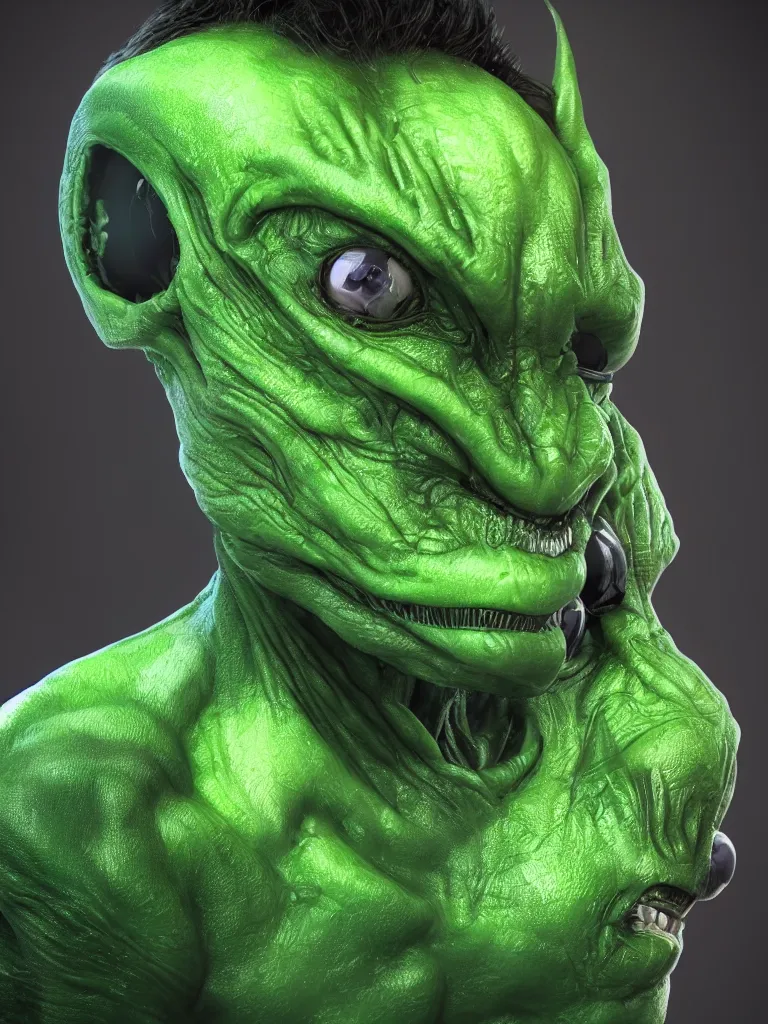 Image similar to selfie of a man, alien with green skin, studio photoshot, 2 eyes, cinematic, cosmic background, high quality, cgsociety, artgerm, 4 k, uhd, 5 0 mm, trending on artstation