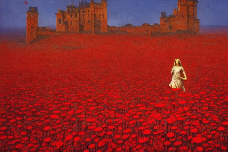 Image similar to only with red, red flowers of different types, a red tiger, a castle in the background, medieval demons dance over the flowers, an ancient path, in the style of beksinski, part by hopper, part by rodcenko, part by hofbauer, intricate composition, red by caravaggio, insanely quality, highly detailed, masterpiece, red light, artstation