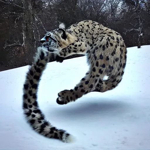 Prompt: Snow leopard doing vape tricks, iPhone photo