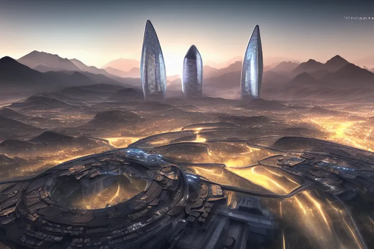 Image similar to futuristic city located in valley in kyrgyz, sunrise, vray, hdr, overhead view, photorealistic, highly detailed, 4 k