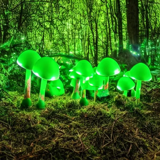 Image similar to glowing green jello mushrooms in a mystical forest, firefly trails