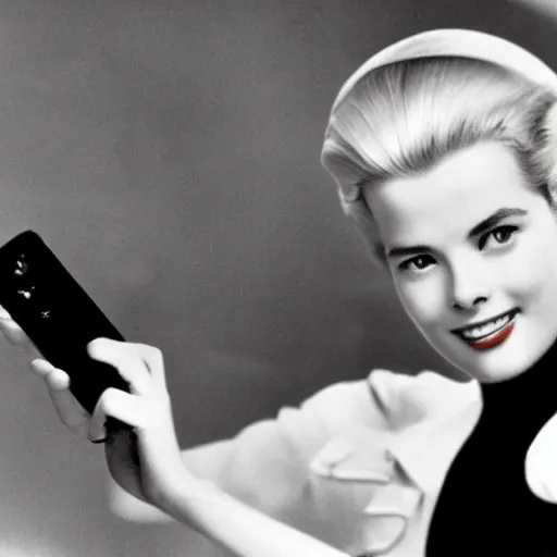 Image similar to selfie smartphone photo of a young Grace Kelly at the 2022 Monaco Gran Prix, F1 cars blurred in background, iphone photo, smartphone resolution, low resolution camera