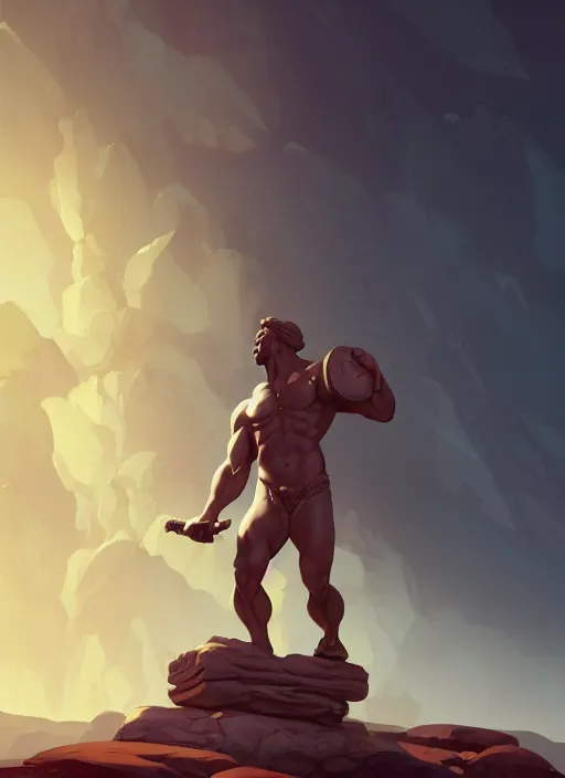 Prompt: stone statue of hercules in a vast lanscape, epic lighting, in the style of artgerm and charlie bowater and atey ghailan and mike mignola, vibrant colors and hard shadows and strong rim light, comic cover art, plain background, trending on artstation