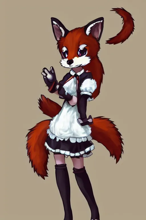 Image similar to a fox fursona!!! with a fluffy tail!!! wearing a maid outfit, highly detailed, digital art, trending on artstation, furry art!!!