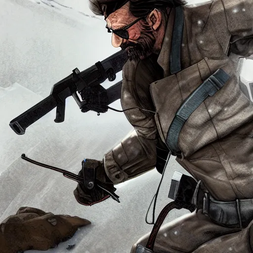 Image similar to Solid Snake from MGS and Gordon Freeman from Half-Life fight on an abandoned military base, winter, very detailed, hyper realism, epic, close-up fight, digital art, concept art, illustration, artstation, cgi, 4k