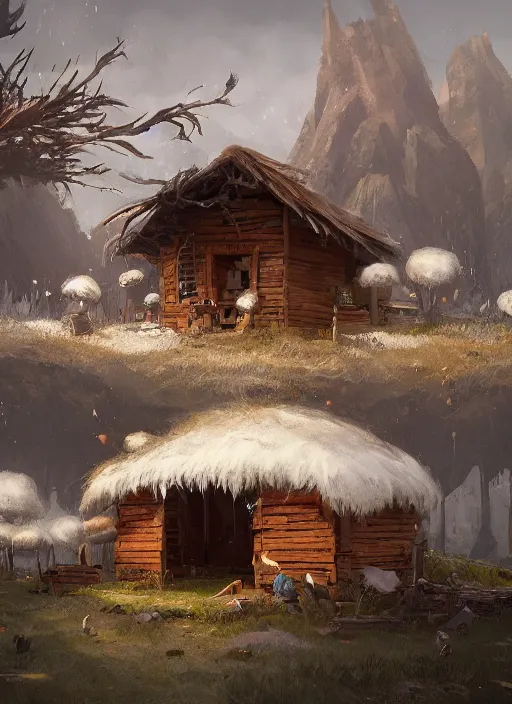 Image similar to hut with big chicken legs, greg rutkowski, zabrocki, karlkka, jayison devadas, trending on artstation, 8 k, ultra wide angle, zenith view, pincushion lens effect