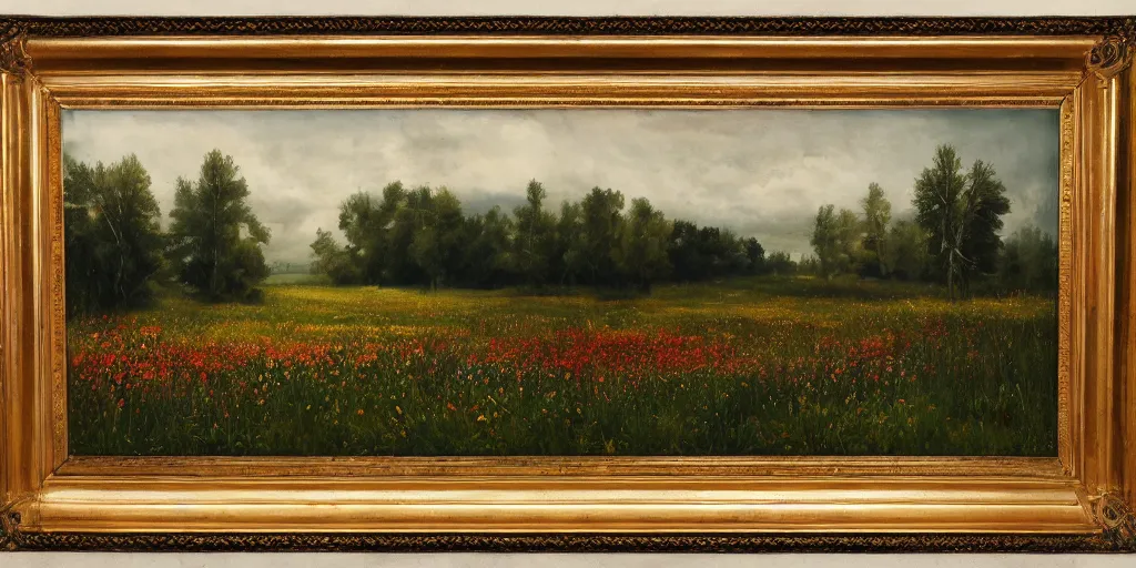 Image similar to a dark oil painting of a beautiful meadow; masterpiece; extremely-detailed; by Carravaggio