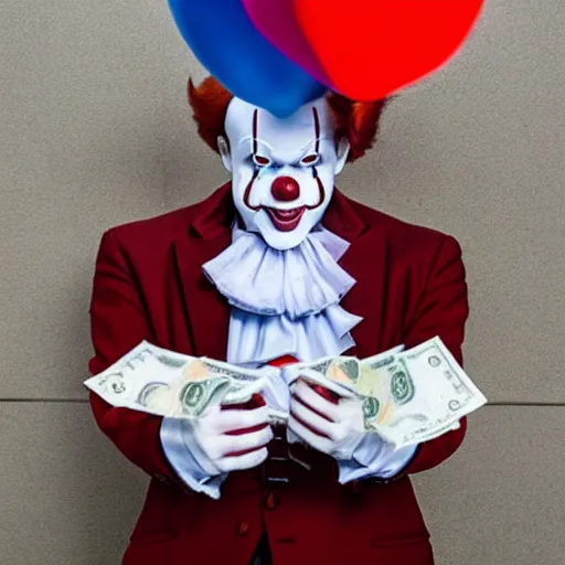 Image similar to Pennywise the clown wearing a suit and holding a stash of banknotes in his hands, full body shot