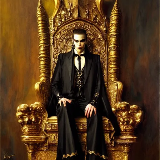 Prompt: perfectly centered portrait of attractive vampire king in gold gothic robe sitting on a throne of black bones, highly detailed painting by gaston bussiere, craig mullins, j. c. leyendecker, 8 k, mid shot