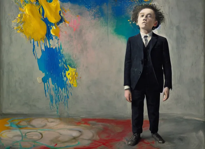 Prompt: portrait of a child wearing a suit, vincent lefevre and hernan bas and pat steir and hilma af klint, psychological, photorealistic, dripping paint, washy brush, rendered in octane, altermodern, masterpiece